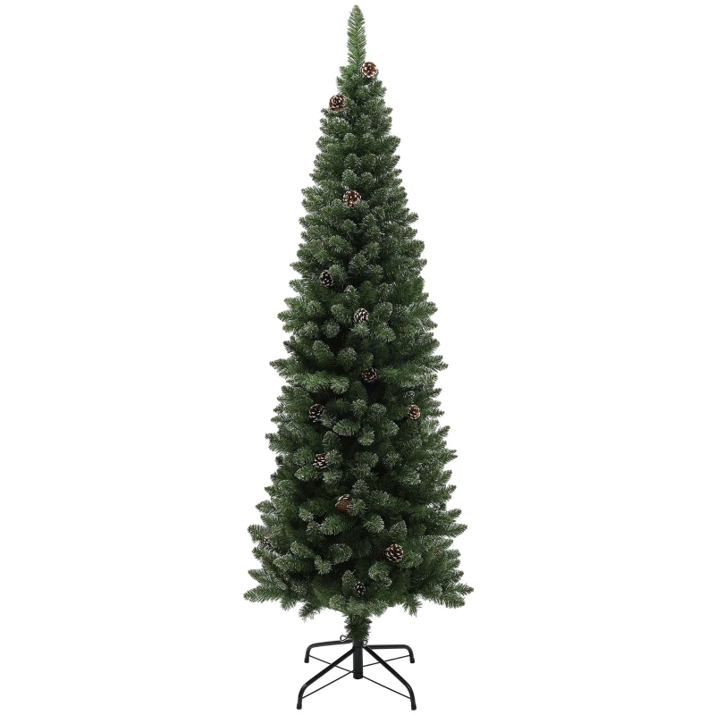 HOMCOM 6ft Artificial Pencil Christmas Tree with 618 Branches, Pinecones, Metal Stand, Realistic Xmas Tree for Home