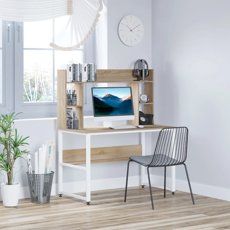 HOMCOM Office Computer Desk Writing Table Workstation with Storage Shelves,  Decorative Hutches, & Strong Build, Oak