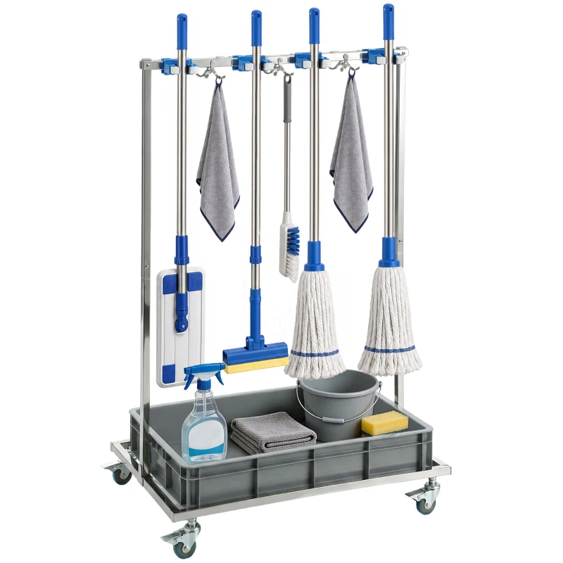 HOMCOM Cleaning Rolling Janitor Cart with Locking Wheels Cleaning Cart with Integrated Drip Tray 4 Casters