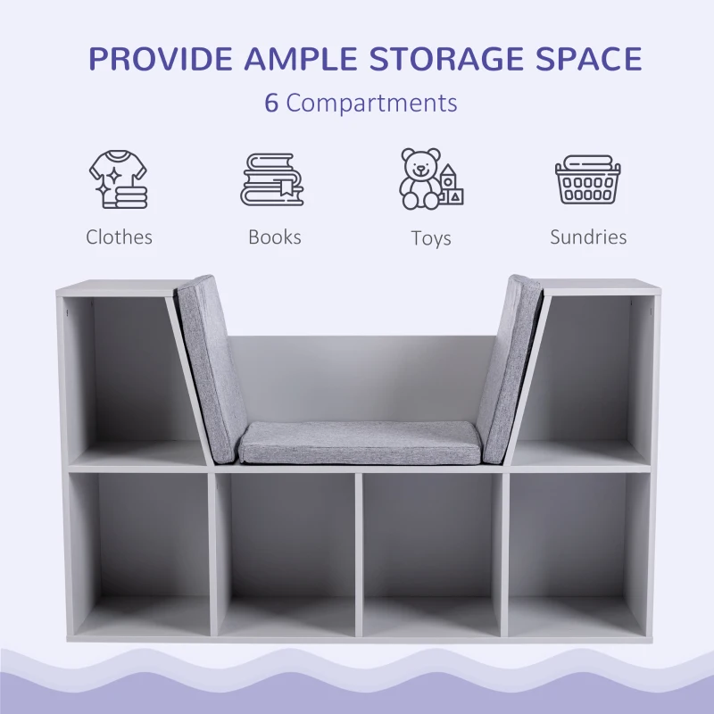 HOMCOM 6-Cubby Kids Bookcase with Reading Nook and Cushion, Multi-Purpose Storage Organizer for Bedroom, Living Room, Grey