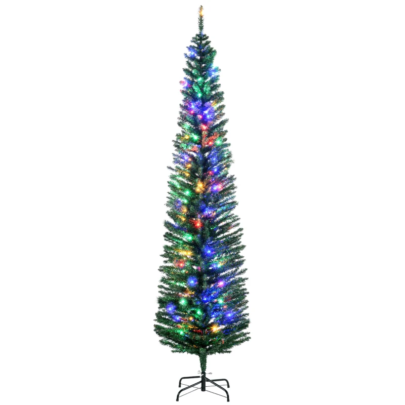 HOMCOM 7' Artificial Pencil Christmas Trees Holiday Decoration with Colorful LED Lights, Steel Base, Skinny Shape