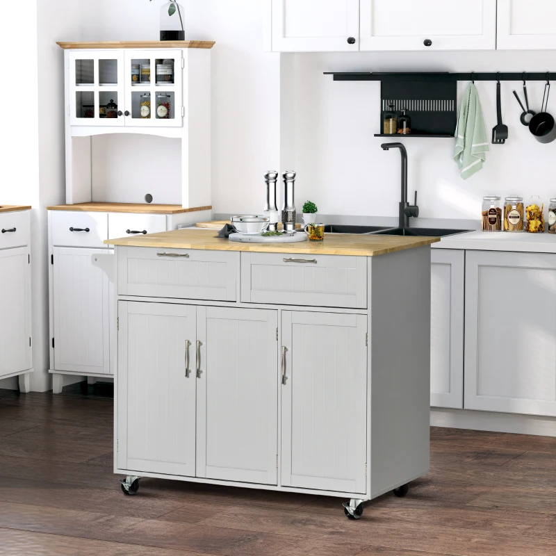 HOMCOM Mobile Kitchen Island with Storage, Kitchen Cart with Wood Top, Storage Drawers, 3-door Cabinets, Adjustable Shelves and Towel Rack, Gray