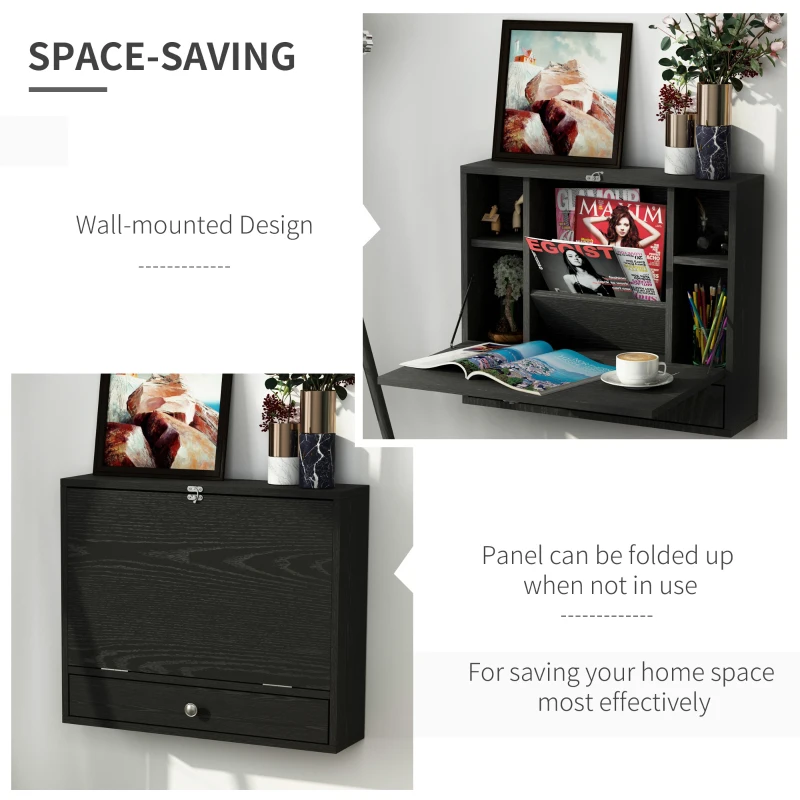 HOMCOM Wall Mounted Desk with Storage Shelves, Floating Desk with Foldable Tabletop, Space Saving Computer Writing Table for Home Office, 23.5 x 6 x 19.75 Inch, Black