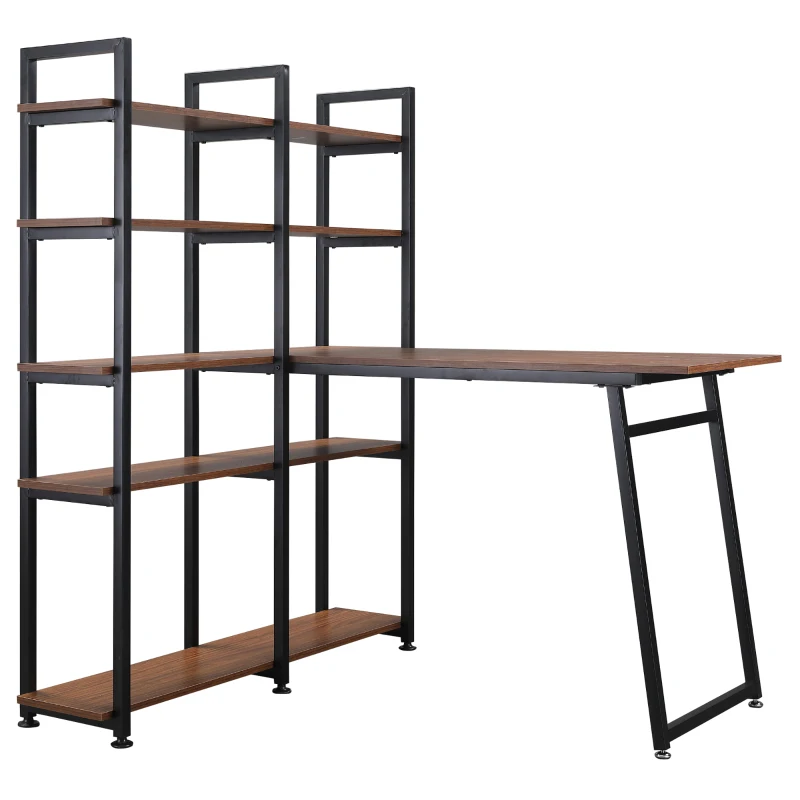 HOMCOM 5 Tier Versatile L-Shaped Computer Desk, Writing Table with Display Shelves and Metal Frame, Space-Saving for Study, Home Office, Walnut