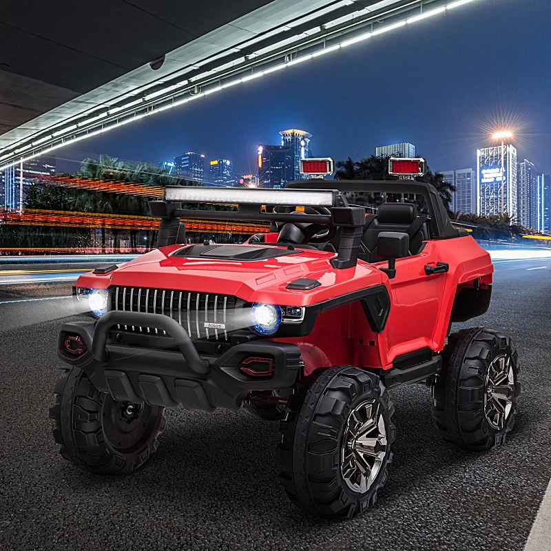 Aosom 2-Seater Ride on Truck, 12V 7AH Big Battery Powered Police Car for Kids with Remote Control, 4 Shock Absorbers, Soft Start, MP3, LED Lights, Big Wheels, Storage, Red