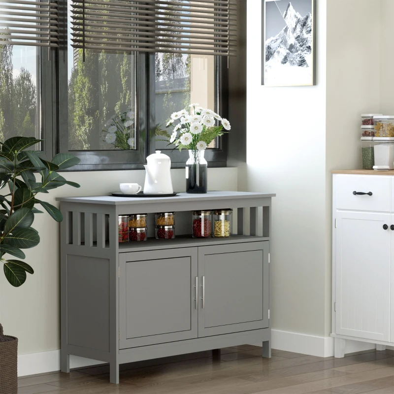 HOMCOM Kitchen Sideboard, Buffet Cabinet, Wooden Storage Console Table with 2-Level Cabinet and Open Shelf, Gray