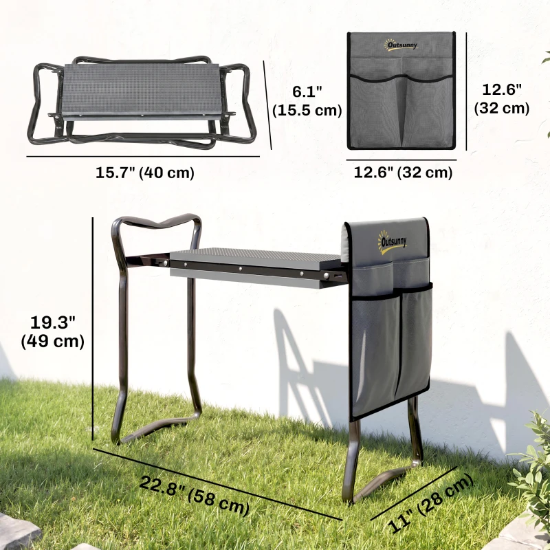 Outsunny Garden Kneeler and Seat, Foldable Gardening Stool Bench with Thick EVA Foam Kneeling Pad and Large Tool Pouch, Grey
