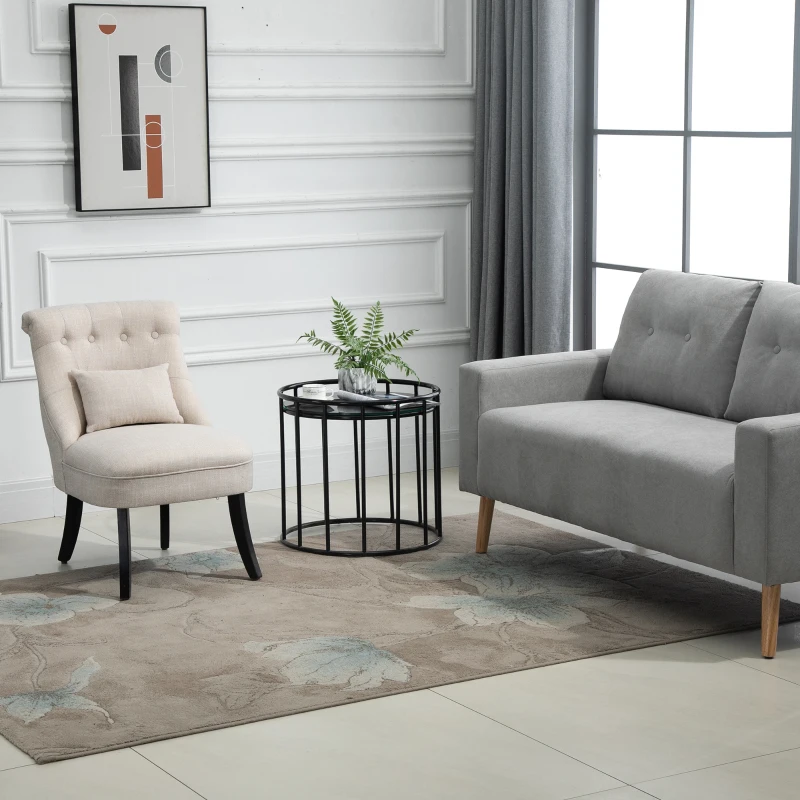 HOMCOM Small Button-Tufted Accent Chair Mid-Back Leisure Armchair with Upholstered Fabric, Solid Wood Legs, and Support Pillow, Beige