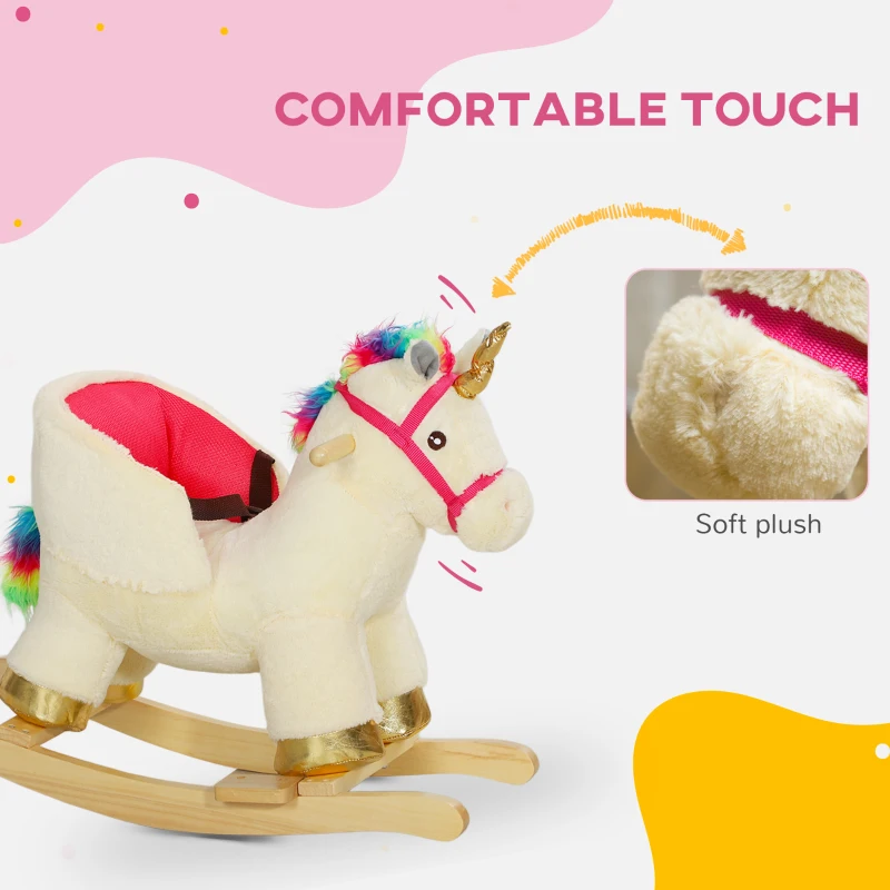Qaba Kids Rocking Horse, Unicorn with Realistic Sound, Safety Belt & Wooden Base for 18-36 Months