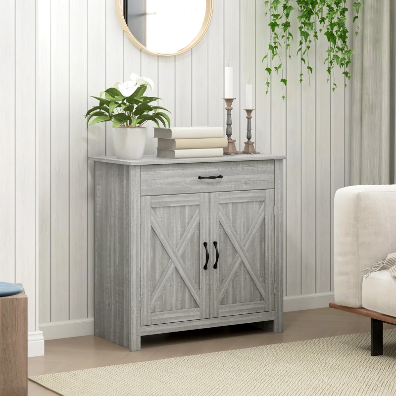 HOMCOM Farmhouse Sideboard Cabinet with Barn Doors Kitchen Buffet Cabinet with Drawer and Adjustable Shelf Stone Gray