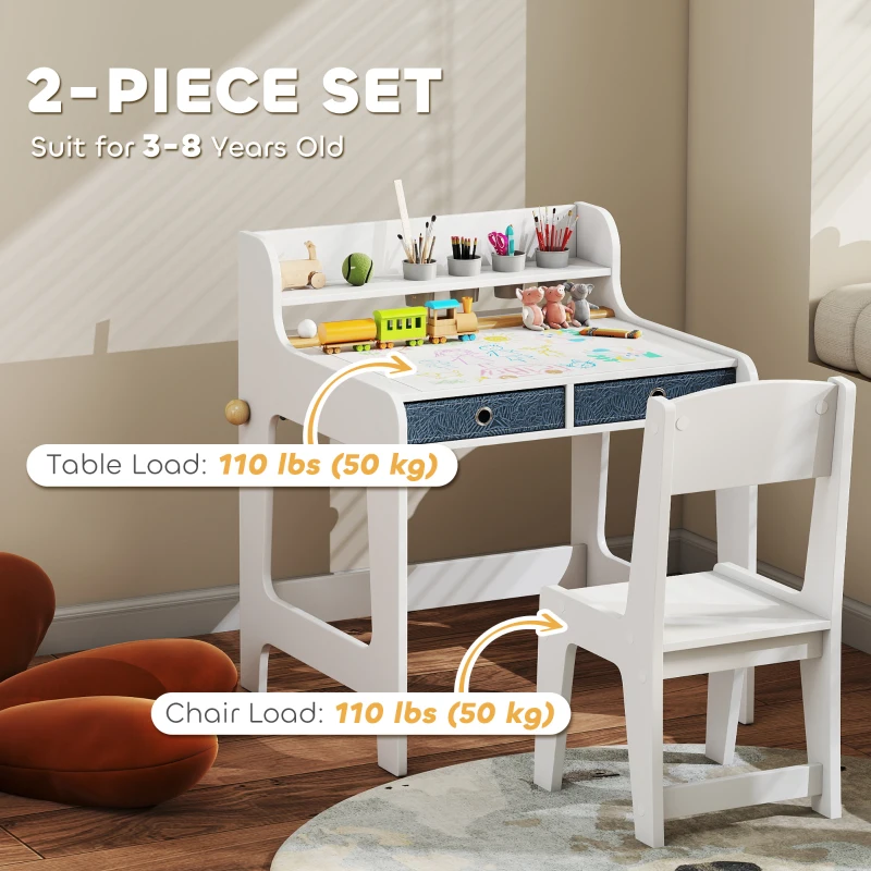 Qaba Kids Study Table and Chair Set, Art Desk and Chair Set with Storage Shelf and Drawers for 3-8 Year Old