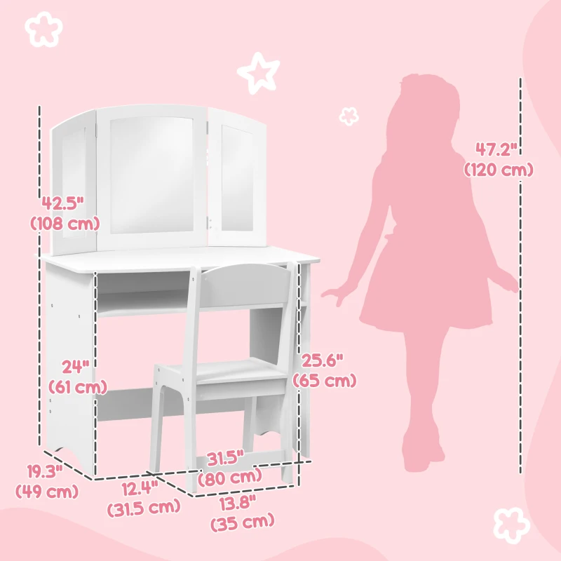 Qaba 2 in 1 Kids Vanity Set Makeup Dressing Table Pretend Play Set with Tri-Folding Mirror, Stool, Storage Shelf