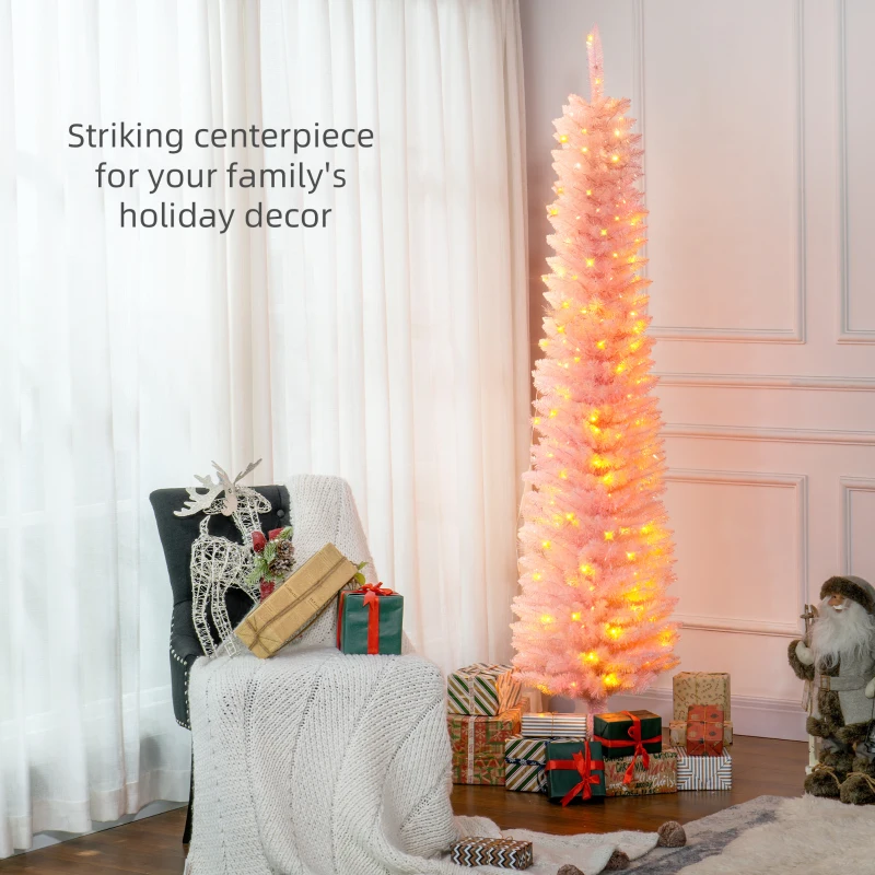 HOMCOM 7' Prelit Christmas Trees, Pencil Artificial Christmas Tree with Colorful Surface Branches, Colorful LED Lights, Pink