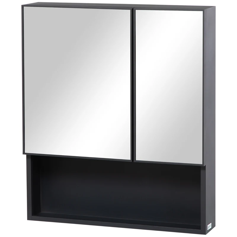 kleankin Wall-Mounted Medicine Cabinet, Bathroom Mirror Cabinet with Double Doors and Storage Shelves, Black