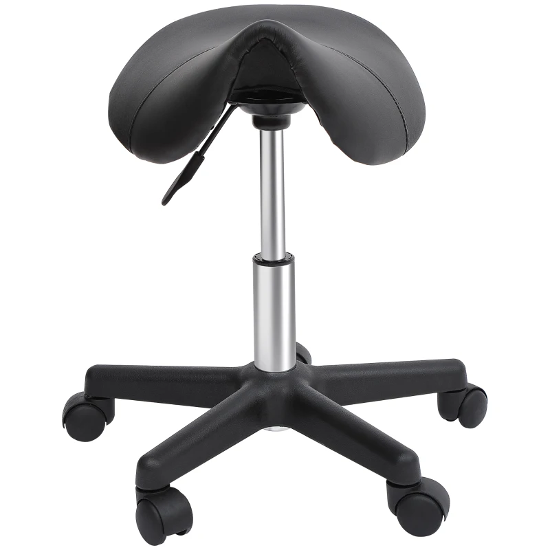 HOMCOM Rolling Saddle Stool, Swivel Salon Chair, Ergonomic Faux Leather Stool, Adjustable Height with Wheels for Spa, Salon, Massage, Office, Black