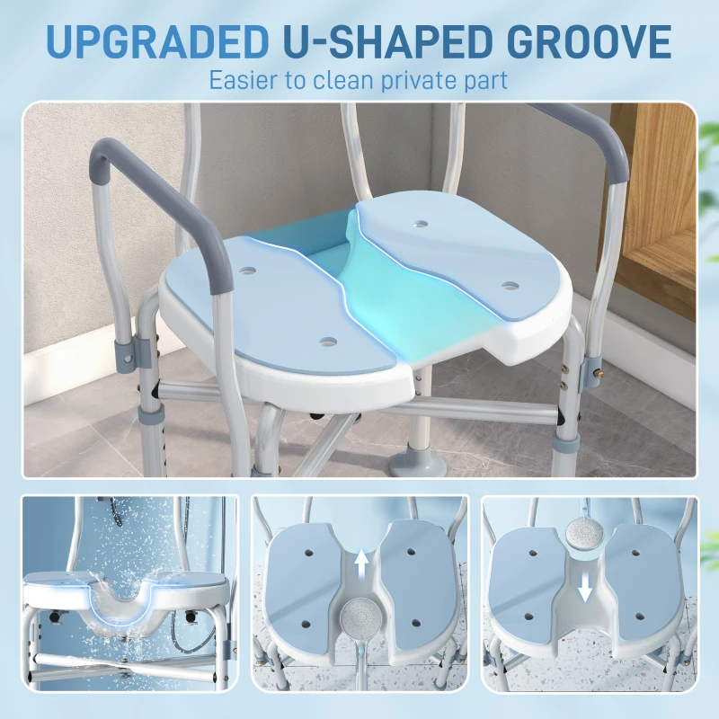 HOMCOM Bath Seat with Adjustable Height, Anti-slip, HDPE Padded Shower Chair with Arms and Back, Light Blue