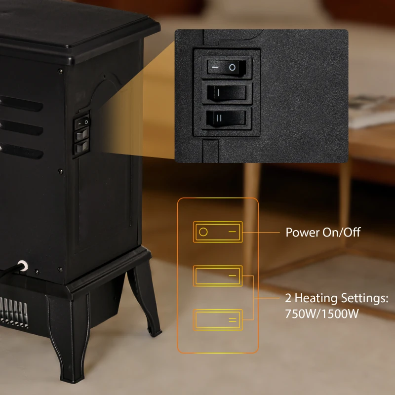 HOMCOM Electric Fireplace Heater, Freestanding Fireplace Stove with Realistic Flame Effect, Overheat Safety Protection, 750W/1500W, Black