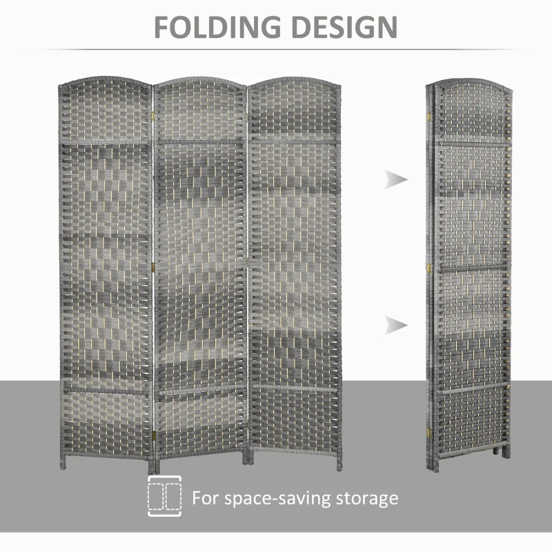 HOMCOM 6 Ft Tall Folding Room Divider, 3 Panel Portable Privacy Screen, Hand-Woven Partition Wall Divider, Mixed Grey