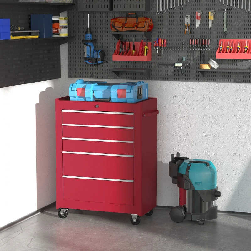 HOMCOM 5-Drawer Rolling Tool Cabinet on Wheels, Lockable Tool Chest, Tool Organizer for Garage, Factory and Workshop, Red