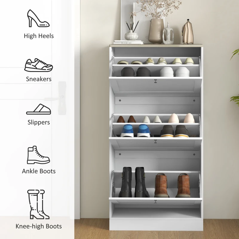 HOMCOM Modern Shoe Storage Cabinet with 3 Flip Drawers and Adjustable Shelves for 12-18 Pairs of Shoes, White