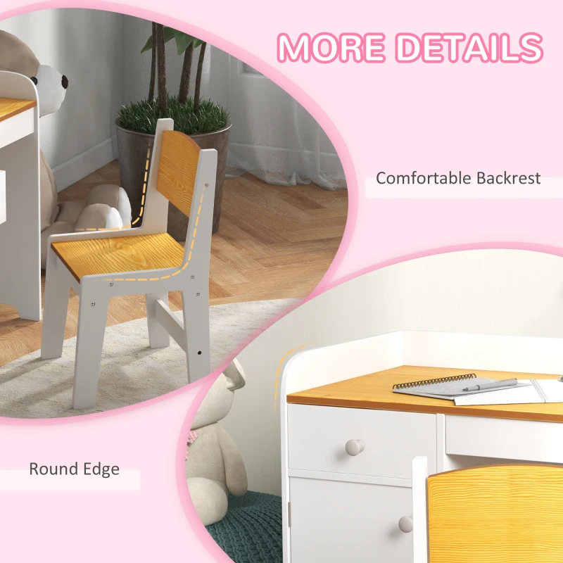 Qaba Kids Desk and Chair Set for 3-6 Year Old with Storage Drawer, Study Table and Chair for Children, White