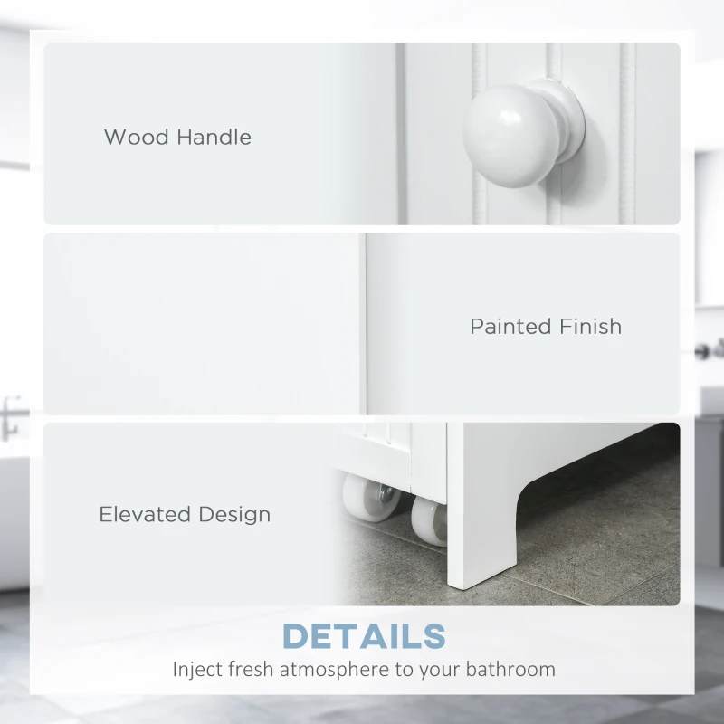 kleankin Slim Bathroom Cabinet, Freestanding Storage Cabinet, Toilet Paper Holder with Two Drawers, Side Towel Rack, and Wheels, 7 x 20.5 x 24.75 Inches, White