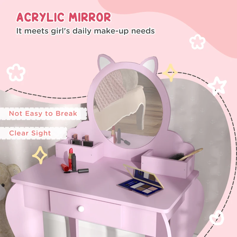 Qaba Makeup Vanity with Mirror and Stool, Cat Design, Drawer, Storage Boxes, for 3-6 Years Old, Pink