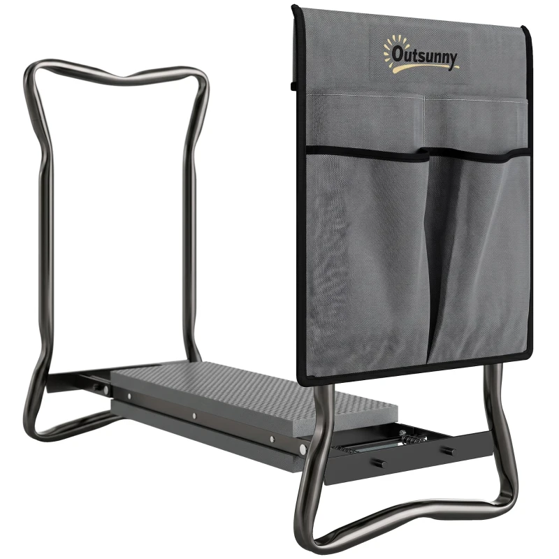 Outsunny Garden Kneeler and Seat, Foldable Gardening Stool Bench with Thick EVA Foam Kneeling Pad and Large Tool Pouch, Grey