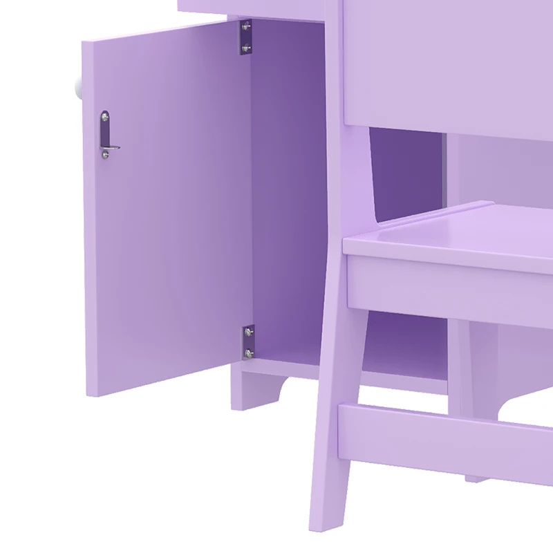 Qaba Kids Vanity Set, Toddler Dressing Table and Chair Set  with Lighted Mirror, Cabinet, Drawer and Shelves, Purple