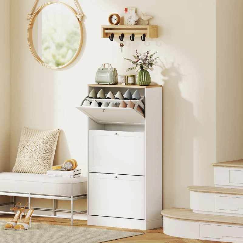 HOMCOM Modern Shoe Storage Cabinet with 3 Flip Drawers and Adjustable Shelves for 12-18 Pairs of Shoes, White