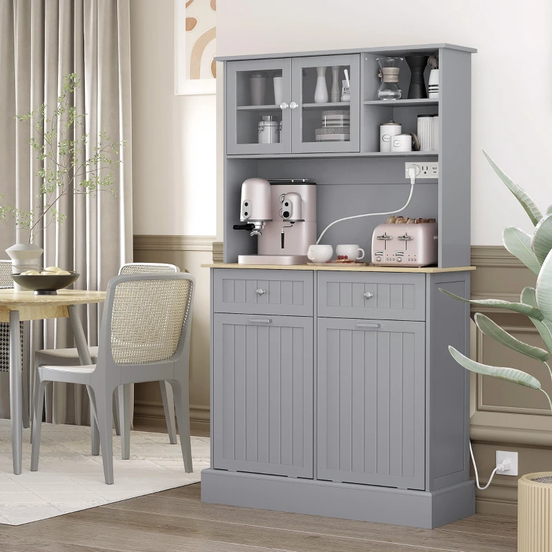 HOMCOM Kitchen Cabinet with Charging Station, 2 Tilt Out Cabinets, Microwave Stand, Freestanding Kitchen Pantry Cabinet, Grey