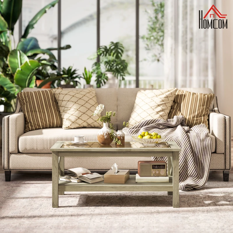 HOMCOM Coffee Table with Tempered Glass Tabletop, Living Room Table with Wood Frame and Underneath Storage Shelf, Gray