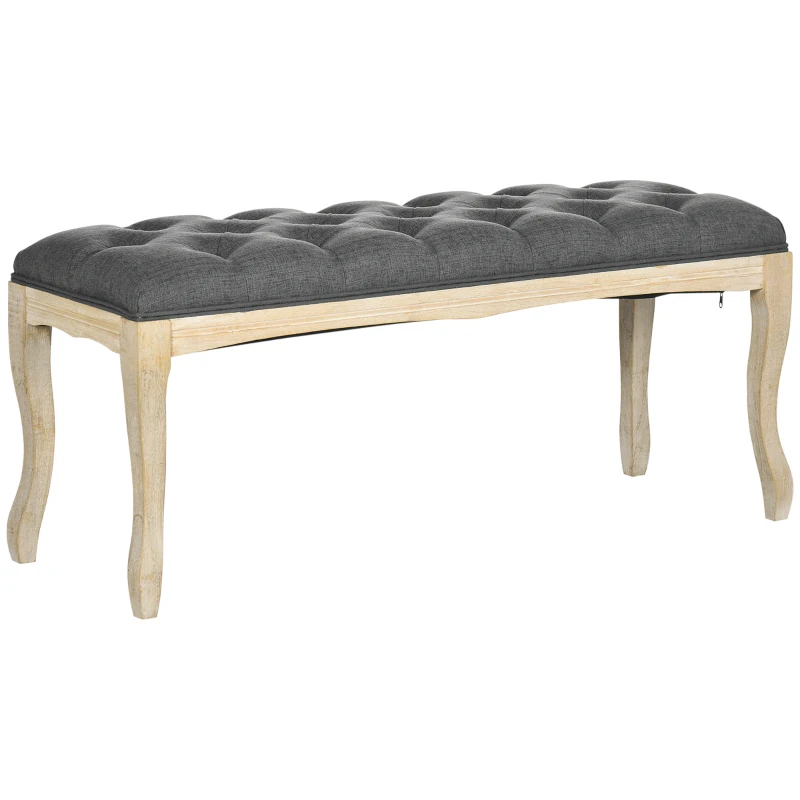 HOMCOM 43" Upholstered Entryway Bench, Linen Fabric Ottoman Stool with Button Tufted Seat, and Rubber Wood Legs for Living Room, Bedroom, or Hallway, Dark Grey
