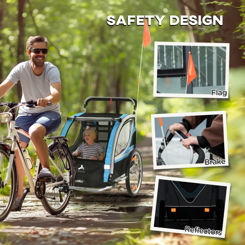 Aosom 2 Seat Bike Trailer for Kids 2-in-1 Double Baby Stroller with Handbrake, Rubber Wheels, 5 Point Harness, Waterproof Cover, Storage Bag, Reflectors, Blue