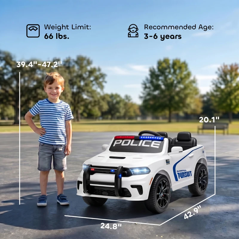 Qaba Licensed Dodge Ride On Police Car for Kids with 2 Seater, Remote, Suspension, Flashing Lights, Siren for Ages 3-6, White