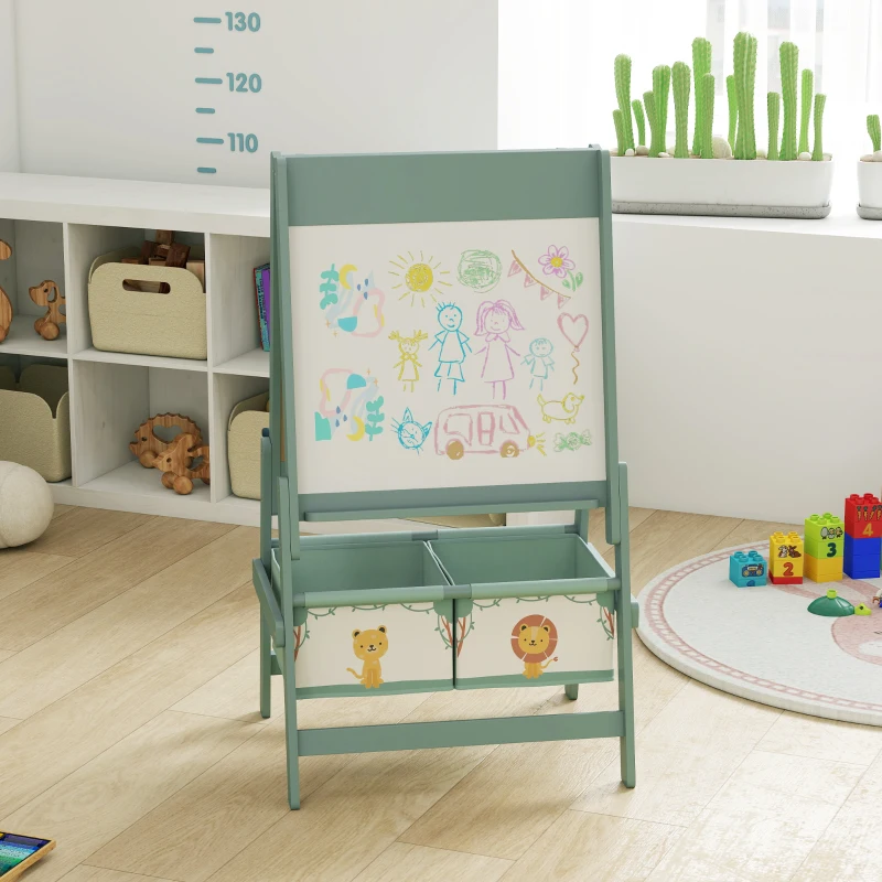 Qaba Art Easel for Kids, Double-Sided Whiteboard & Chalkboard with Paper Roll, 2 Storage Boxes, Gift for Boys, Girls, Green