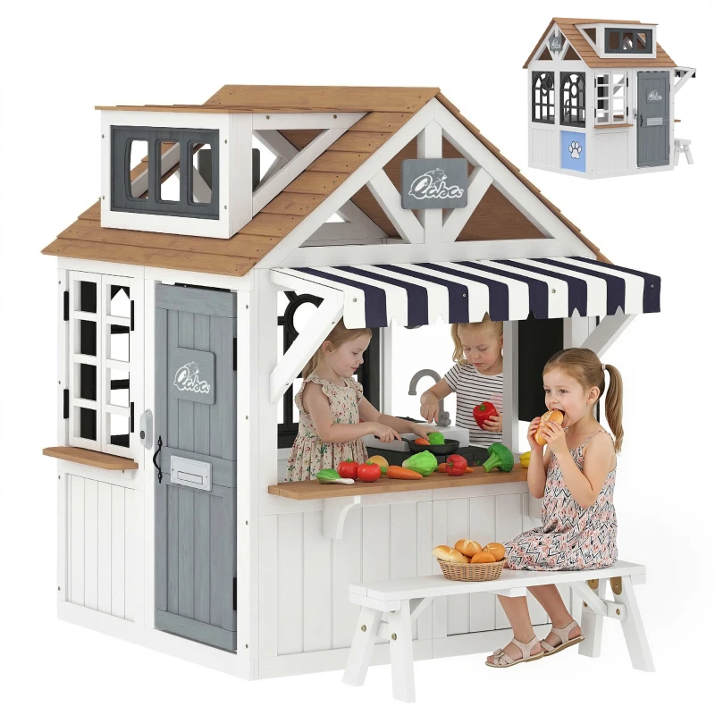 Qaba Outdoor Playhouse, Wooden Kids Playhouse with Dog Door, Cookware, Blackboard, Bench, Doorbell for Ages 2+