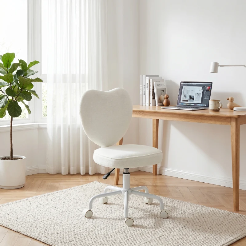 HOMCOM Heart Love Shaped Back Design Vanity Chair,  Office Chair with Adjustable Height and 360 Swivel Castor Wheels, White