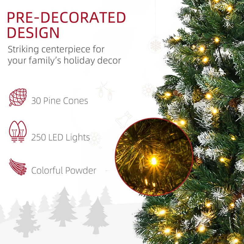 HOMCOM 6' Decorated Christmas Trees, Skinny Prelit Artificial Christmas Tree with Snow-dipped Branches, Auto Open, Pinecones