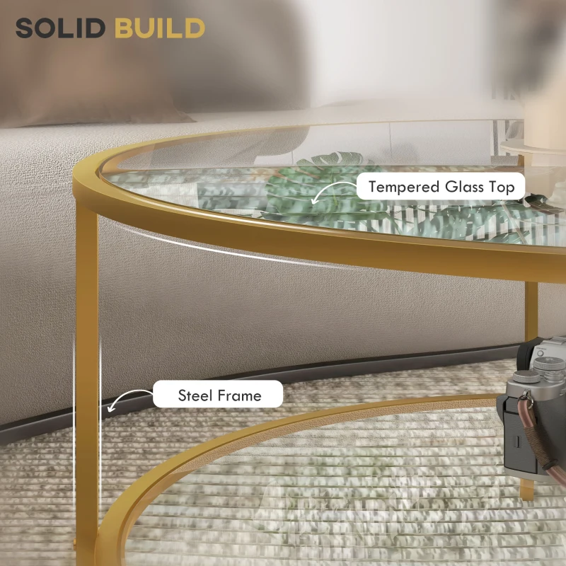 HOMCOM Side Table with Storage, 36" Round End Table, 2-Tier Tempered Glass Coffee Table with Steel Frame for Living Room, Gold