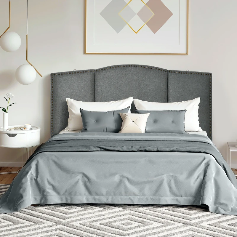 HOMCOM Upholstered Nailhead Trim Headboard, Home Bedroom Decoration for Full and Queen-Sized Beds, Grey