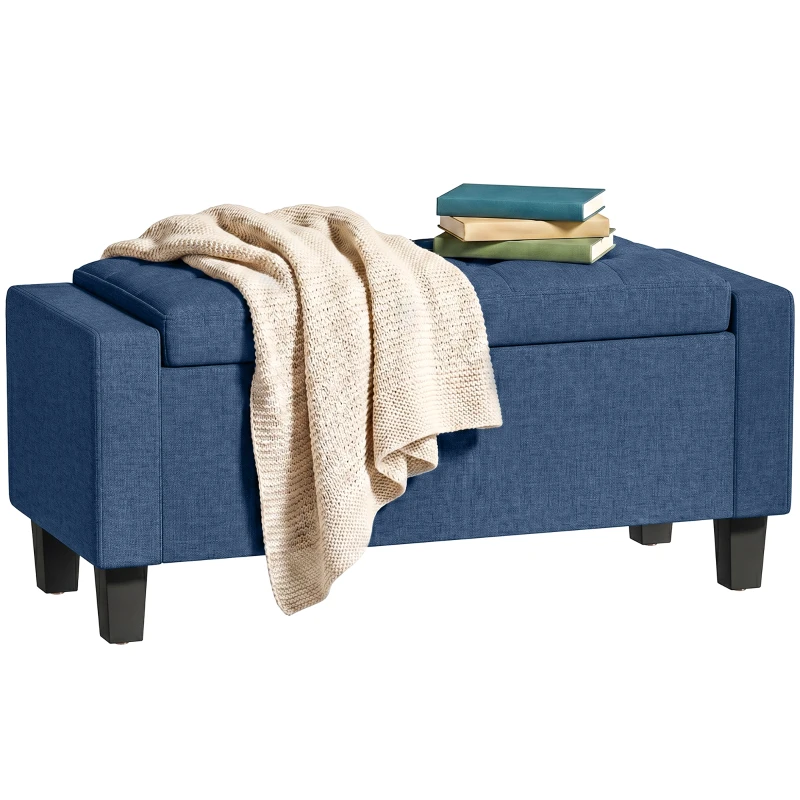 HOMCOM Storage Ottoman, Storage Bench with Wooden Legs, Tufted Armrests for Entryway, Living Room, Bedroom, 36.6", Blue