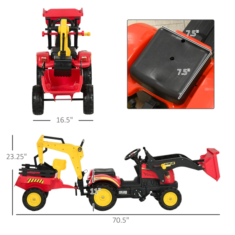 Aosom 3 in1 Kids Ride On Bulldozer Excavator Toy with 6 Wheels Controllable Cargo Trailer Easy Pedal Controls for 3-6 Years