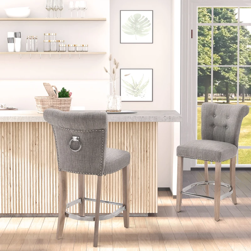 HOMCOM 26"Counter Height Bar Stools Set of 2, Linen Upholstered Tufted Dining Chairs with Steel Footrest, and Solid Wood Legs, Grey