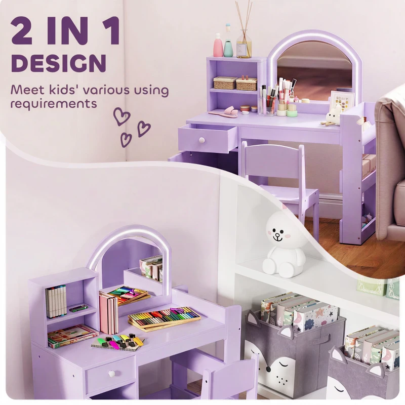 Qaba Kids Vanity Set, Toddler Dressing Table and Chair Set  with Lighted Mirror, Cabinet, Drawer and Shelves, Purple