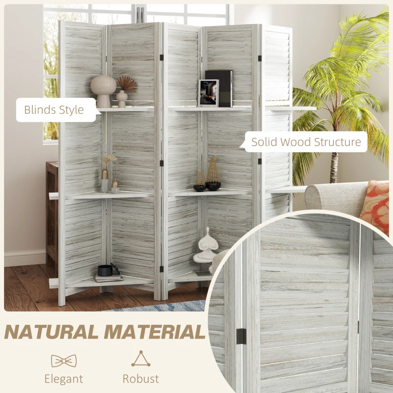 HOMCOM 5 Panel 67" Tall Wood Privacy Screen Room Divider with 3 Shelves and Folding Storage for Bedroom, Distressed White