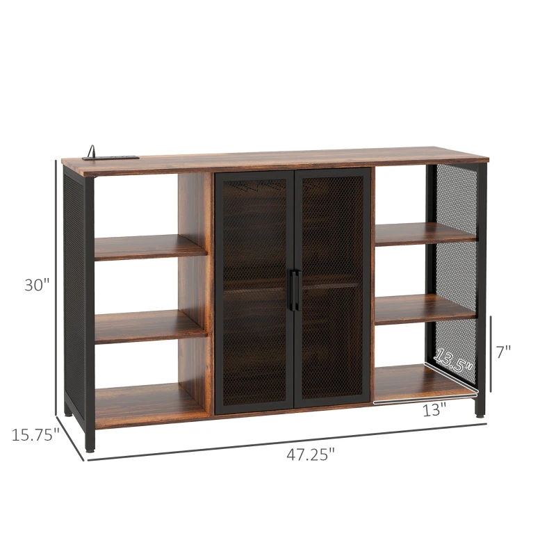HOMCOM LED Wine Cabinet with Charging Station Glass Holders, Open Shelves, Rustic Brown