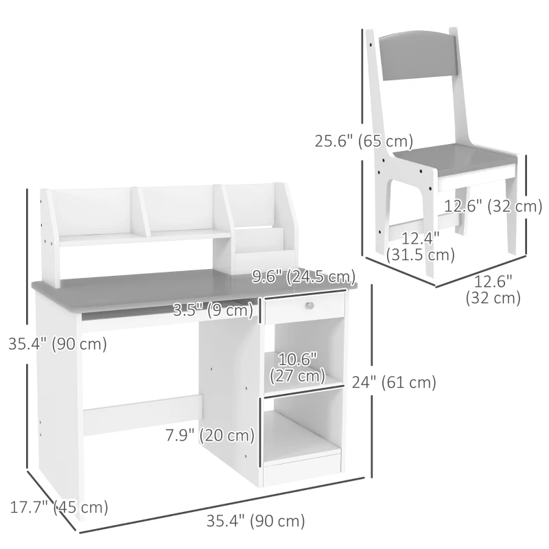 Qaba Kids Desk and Chair Set for 5-8 Year Old with Storage, Study Table and Chair for Children, Grey
