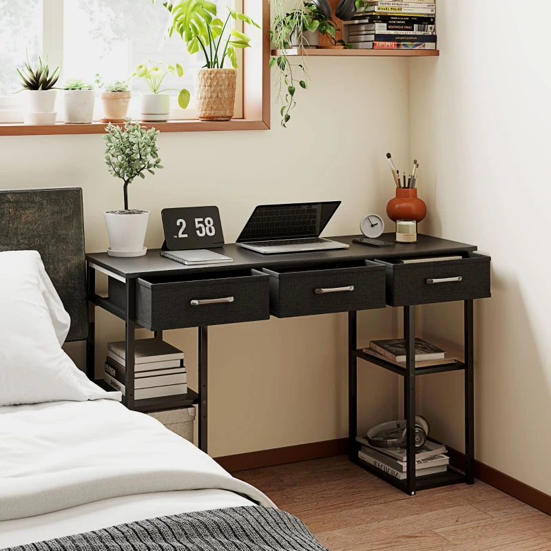 HOMCOM 47" Small Computer Desk, Writing Desk with Fabric Drawers, Home Office Desk with Adjustable Shelves, Black
