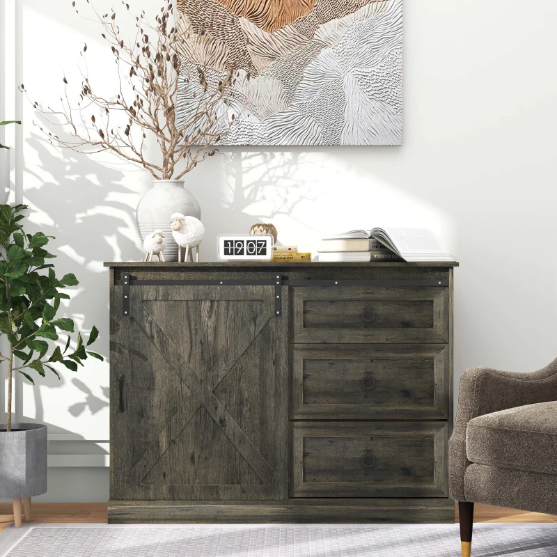 HOMCOM Farmhouse Kitchen Sideboard, Buffet Cabinet with Sliding Barn Door and 3 Storage Drawers for Living Room, Dark Grey